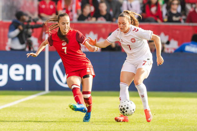 Julia Grosso of Canada challenges Janni Thomsen of Denmark during the Women’s International Friendly, Länderspiel, Nationalmannschaft match between Canada and Denmark on October 12th, 2026 in BMO Field, Toronto, Ontario, Canada Copyright: xCurtisxWongx xSPPx Sportspressphoto_SPR253857