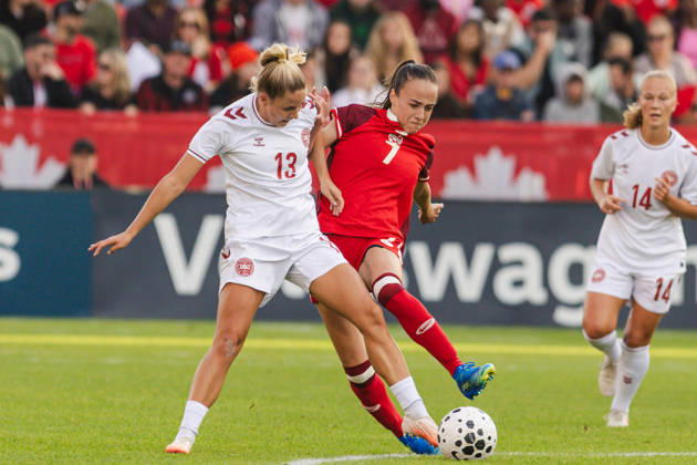 Julia Grosso of Canada challenges Olivia Holdt of Denmark during the Women’s International Friendly, Länderspiel, Nationalmannschaft match between Canada and Denmark on October 12th, 2026 in BMO Field, Toronto, Ontario, Canada Copyright: xCurtisxWongx xSPPx Sportspressphoto_SPR253858