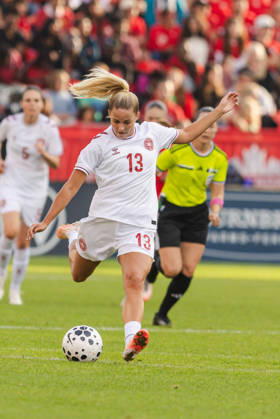 Olivia Holdt of Denmark scores their team s first goal during the Women’s International Friendly, Länderspiel, Nationalmannschaft match between Canada and Denmark on October 12th, 2026 in BMO Field, Toronto, Ontario, Canada Copyright: xCurtisxWongx xSPPx Sportspressphoto_SPR253859