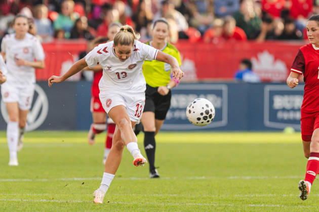Olivia Holdt of Denmark scores their team s first goal during the Women’s International Friendly, Länderspiel, Nationalmannschaft match between Canada and Denmark on October 12th, 2026 in BMO Field, Toronto, Ontario, Canada Copyright: xCurtisxWongx xSPPx Sportspressphoto_SPR253860