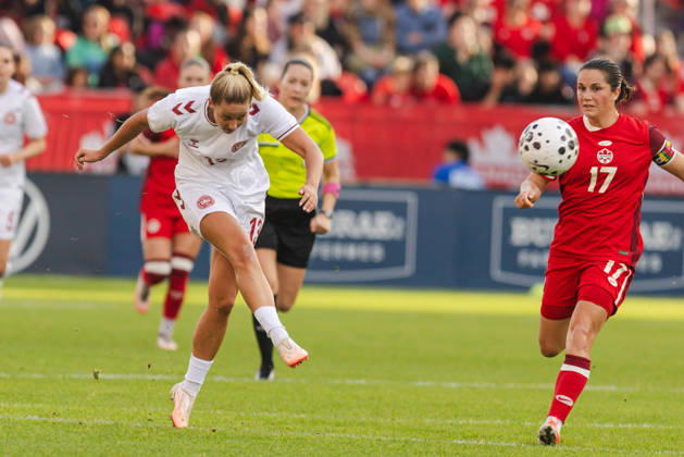 Olivia Holdt of Denmark scores their team s first goal during the Women’s International Friendly, Länderspiel, Nationalmannschaft match between Canada and Denmark on October 12th, 2026 in BMO Field, Toronto, Ontario, Canada Copyright: xCurtisxWongx xSPPx Sportspressphoto_SPR253861
