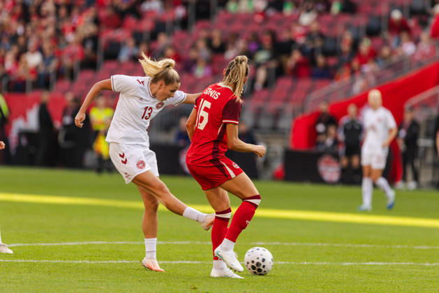 Olivia Holdt of Denmark shoots at goal during the Women’s International Friendly, Länderspiel, Nationalmannschaft match between Canada and Denmark on October 12th, 2026 in BMO Field, Toronto, Ontario, Canada Copyright: xCurtisxWongx xSPPx Sportspressphoto_SPR253871