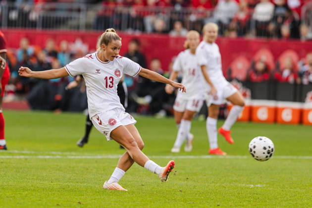 Olivia Holdt of Denmark scores their team s third goal during the Women’s International Friendly, Länderspiel, Nationalmannschaft match between Canada and Denmark on October 12th, 2026 in BMO Field, Toronto, Ontario, Canada Copyright: xCurtisxWongx xSPPx Sportspressphoto_SPR253875