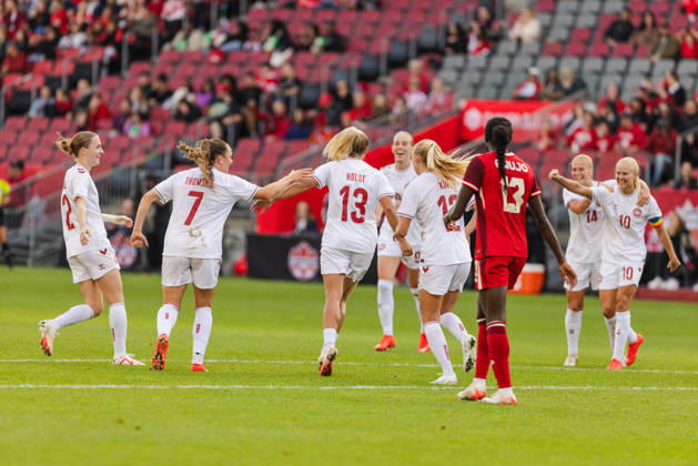 Olivia Holdt of Denmark celebrates their team s third goal during the Women’s International Friendly, Länderspiel, Nationalmannschaft match between Canada and Denmark on October 12th, 2026 in BMO Field, Toronto, Ontario, Canada Copyright: xCurtisxWongx xSPPx Sportspressphoto_SPR253876