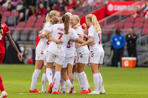 Olivia Holdt of Denmark celebrates their team s third goal during the Women’s International Friendly, Länderspiel, Nationalmannschaft match between Canada and Denmark on October 12th, 2026 in BMO Field, Toronto, Ontario, Canada Copyright: xCurtisxWongx xSPPx Sportspressphoto_SPR253877