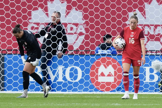 October 12, 2026, Toronto, On, CANADA: Canada goalkeeper Kailen Sheridan, left, and teammate Janine Sonis react after Denmark s Olivia Holdt, not shown, scored her country s third goal during first half International Friendly, Länderspiel, Nationalmannschaft action, in Toronto, on Monday Oct. 12, 2026. Canada News - October 12, 2026 - ZUMAc35_ 20261012_zaf_c35_059 Copyright: xChrisxYoungx