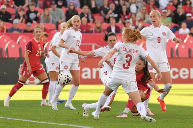 October 12, 2026, Toronto, On, CANADA: Canada s Delaney Pridham, second left, scores her country s opening goal against Denmark during first half International Friendly, Länderspiel, Nationalmannschaft action, in Toronto, on Monday Oct. 12, 2026. Canada News - October 12, 2026 - ZUMAc35_ 20261012_zaf_c35_063 Copyright: xChrisxYoungx