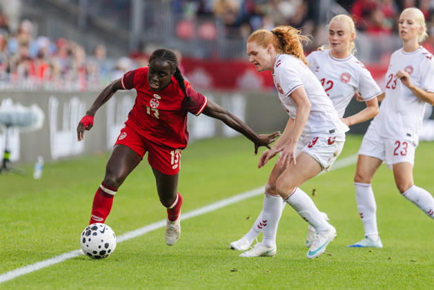Simi Awujo of Canada dribbles with the ball during the Women’s International Friendly, Länderspiel, Nationalmannschaft match between Canada and Denmark on October 12th, 2026 in BMO Field, Toronto, Ontario, Canada Copyright: xCurtisxWongx xSPPx Sportspressphoto_SPR254020