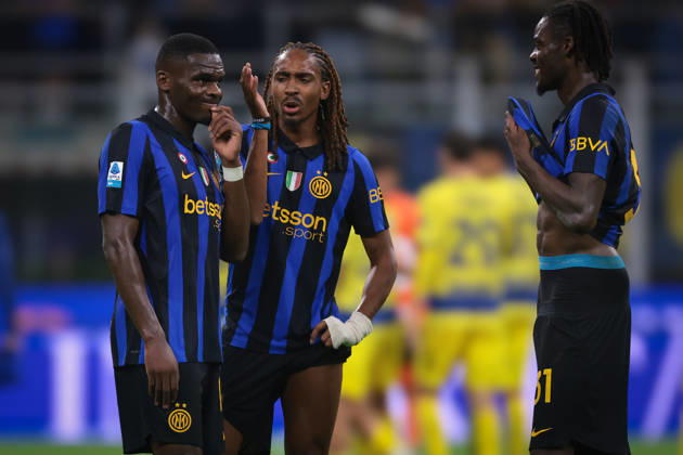 FC Internazionale v Parma Calcio 1913 - Serie A - Season 2026-2027 Milan, Italy, 10th October 2026. Djed Spence of FC Internazionale reacts with team mates Ange-Yoan Bonny and Yann Bisseck of FC Internazionale following the FC Internazionale vs Parma Calcio 1913 Serie A match at Giuseppe Meazza, Milan. Picture credit should read: Jonathan Moscrop Milan Stadio Giuseppe Meazza Italy