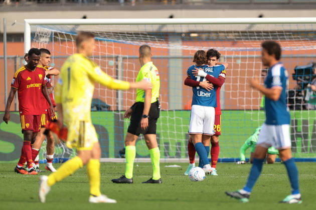 Como 1907 v AS Roma - Serie A - Season 2026-2027 Como, Italy, 11th October 2026. Nico Paz of Como 1907 and Leonardo Balerdi of AS Roma embrace following the Como 1907 vs AS Roma Serie A match at Stadio Giuseppe Sinigaglia, Como. Picture credit should read: Jonathan Moscrop Como Stadio Giuseppe Sinigaglia Italy