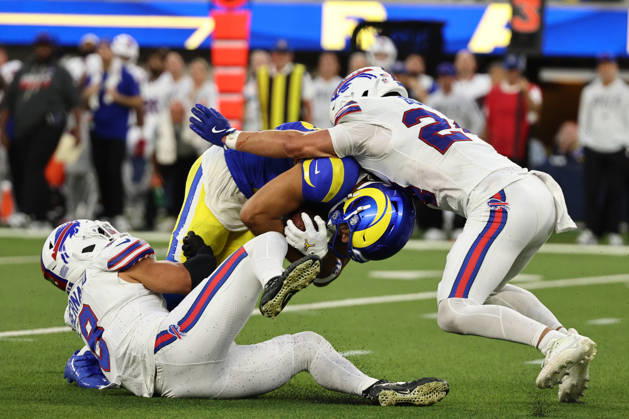 INGLEWOOD, CA - OCTOBER 12: Puka Nacua 12 of the Los Angeles Rams is brought down while making a first down during an NFL, American Football Herren, USA game between the Buffalo Bills and the Los Angeles Rams on October 12, 2026, at SoFi Stadium in Inglewood, California. (Photo by Greg Fiore Icon Sportswire) NFL: OCT 12 Bills at Rams EDITORIAL USE ONLY Icon2610121477