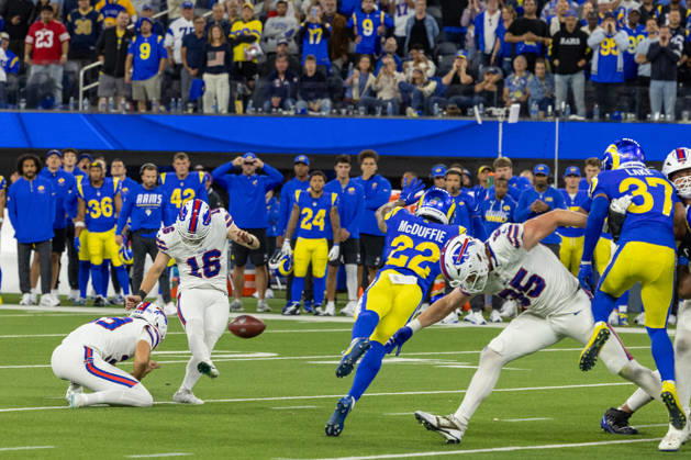 INGLEWOOD, CA - OCTOBER 12: Tyler Bass 16 of the Buffalo Bills kicks the game winning field goal in overtime of an NFL, American Football Herren, USA game between the Buffalo Bills and the Los Angeles Rams on October 12, 2026, at SoFi Stadium in Inglewood, California. (Photo by Greg Fiore Icon Sportswire) NFL: OCT 12 Bills at Rams EDITORIAL USE ONLY Icon2610125260