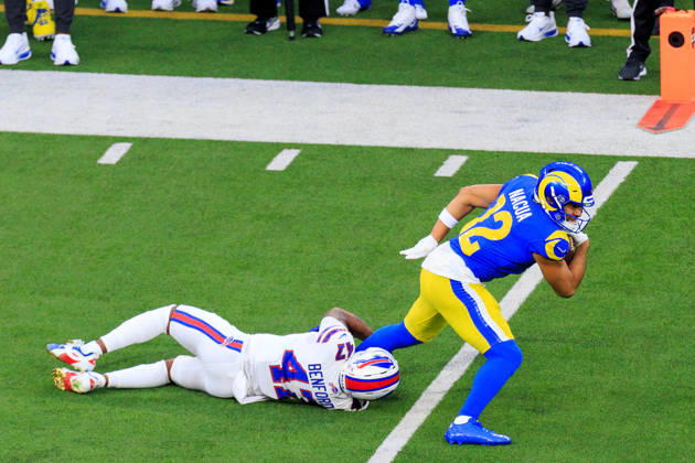 October 12, 2026, Inglewood, California, USA: 12 Puka Nacua, WR of the Los Angeles Rams is tackled by 42 Dorian Williams, LB of the Buffalo Bills during a regular NFL, American Football Herren, USA game against the Buffalo Bills on Monday October 12, 2026 at SoFi Stadium in Inglewood, California. Rams lose to Bills, 34-37 in overtime. JAVIER ROJAS PI Inglewood USA - ZUMAp124 20261012_zaa_p124_041 Copyright: xJavierxRojasx