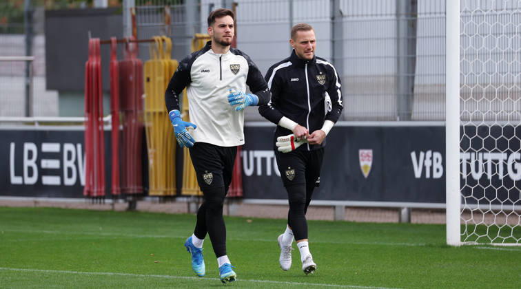 October 13, 2026, Germany, Stuttgart, VfB Stuttgart soccer practice, from left: Dennis Seimen, Marius Funk