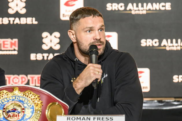Pictured, from left: Roman Fress – WBO Intercontinental Champion, GER, Magdeburg, SES; first press conference ahead of the SES Boxing Gala on Saturday, November 14, 2026, at Messe Magdeburg, October 13, 2026, Copyright: HMBxMedia UwexKoch