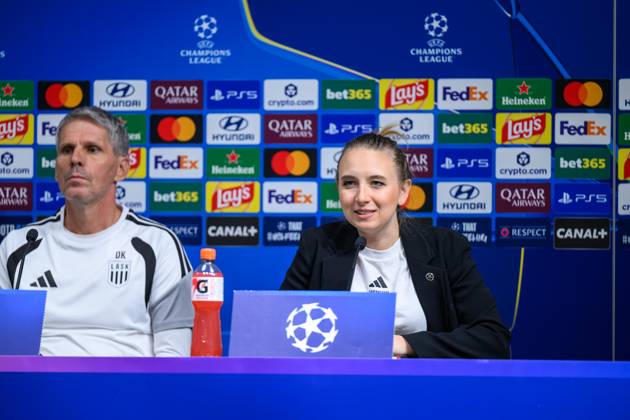 SOCCER - UEFA CL, LASK vs Liverpool LINZ,AUSTRIA,13.OCT.26 - SOCCER - UEFA Champions League, Linzer ASK vs Liverpool FC, preview, press conference, PK, Pressekonferenz LASK. Image shows press officer Nathalie Melcher (LASK).  GEPAxpictures xChristianxMoser