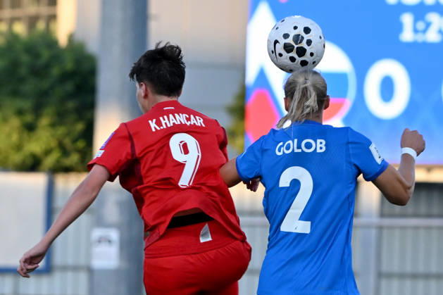 DOMZALE, SLOVENIA - OCTOBER 13: Lana Golob of Slovenia (R) in action against Kader Hancar of Turkey (L) during the UEFA Women’s European Qualifiers for 2027 World Cup Play-offs Round 1, 2nd leg match between Slovenia and Turkey at Sports Park Domzale, Domzale on October 13, 2026 in Domzale, Slovenia. (Photo by Igor Kupljenik Sports Press Photo). Copyright: xIgorxKupljenikx xSPPx Sportspressphoto_SPR254233