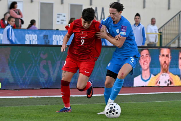 DOMZALE, SLOVENIA - OCTOBER 13: Kader Hancar of Turkey (L) in action against Sara Agrez of Slovenia (R) during the UEFA Women’s European Qualifiers for 2027 World Cup Play-offs Round 1, 2nd leg match between Slovenia and Turkey at Sports Park Domzale, Domzale on October 13, 2026 in Domzale, Slovenia. (Photo by Igor Kupljenik Sports Press Photo). Copyright: xIgorxKupljenikx xSPPx Sportspressphoto_SPR254239