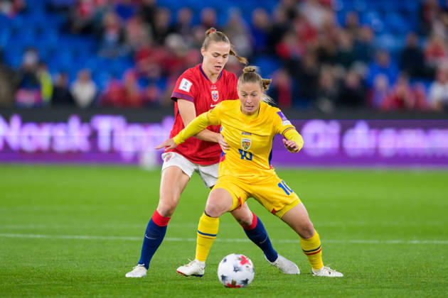 October 13, 2016: Marthine Østenstad of Norway and Mihaela Ciolacu of Romania during the FIFA Women’s World Cup Qualifier soccer match between Norway and Romania on October 13, 2026 in Oslo. Photo by Marius Simensen, BILDBYRÅN COP 238 MM0076 bbeng women s soccer football soccer FIFA World Cup qualifiers World Cup qualifiers women s World Cup qualifiers international match Norway Romania  Copyright: MARIUSxSIMENSEN BB261013BB341