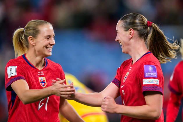 October 13, 2016: Lisa Naalsund celebrates with Elisabeth Terland of Norway, who scored the 2-0 goal during the FIFA Women’s World Cup Qualifier soccer match between Norway and Romania on October 13, 2026 in Oslo. Photo by Marius Simensen, BILDBYRÅN COP 238 MM0076 bbeng women s soccer football soccer FIFA World Cup qualifiers World Cup qualifiers women s World Cup qualifiers international match Norway Romania celebration  Copyright: MARIUSxSIMENSEN BB261013BB367