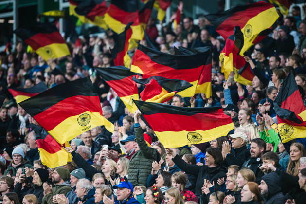 International Match: Germany vs. Japan, October 13, 2026, GOAL, CELEBRATION of the 1–1 goal by Linda Dallmann for Germany, 16, shown here with German fans waving flags—soccer, women’s national team, international match Germany vs. Japan on October 13, 2026, at the Weserstadion, Bremen. DFB regulations prohibit any use of photographs as image sequences and or quasi-video. Copyright: xBEAUTIFULxSPORTS Tonhäuserx