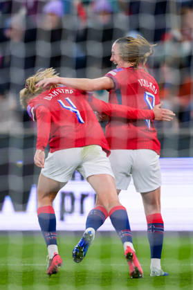 October 13, 2013: Julie Blakstad and Elisabeth Terland of Norway celebrate after scoring 3-0 during the FIFA Women’s World Cup Qualifier soccer match between Norway and Romania on October 13, 2026 in Oslo. Photo by Marius Simensen, BILDBYRÅN COP 238 MM0076 bbeng women s soccer football soccer FIFA World Cup qualifiers World Cup qualifiers women s World Cup qualifiers international match Norway Romania celebration  Copyright: MARIUSxSIMENSEN BB261013BB377