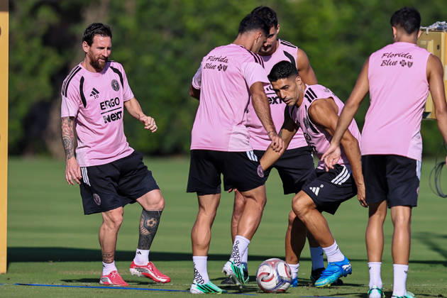 FORT LAUDERDALE, FL - OCTOBER 13: Inter Miami CF forward Lionel Messi (10) and Inter Miami CF forward Luis Suarez (9) are seen during an Inter Miami Training Session at Florida Blue Training Center on October 13, 2026 in Fort Lauderdale, Florida. (Photo by Chris Arjoon Icon Sportswire) SOCCER: OCT 13 Inter Miami CF Training EDITORIAL USE ONLY Icon2610130000028