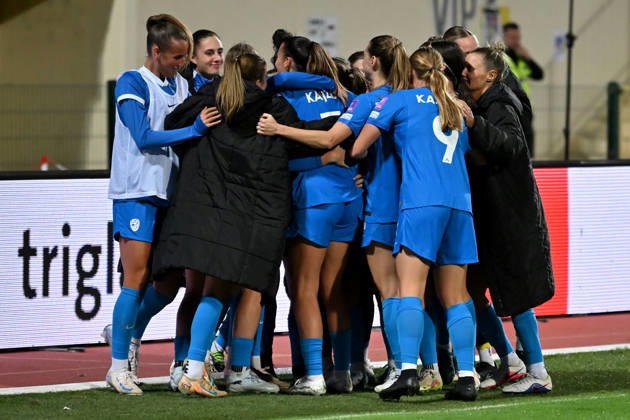DOMZALE, SLOVENIA - OCTOBER 13: Maja Sternad of Slovenia (C) celebrate score during the UEFA Women’s European Qualifiers for 2027 World Cup Play-offs Round 1, 2nd leg match between Slovenia and Turkey at Sports Park Domzale, Domzale on October 13, 2026 in Domzale, Slovenia. (Photo by Igor Kupljenik Sports Press Photo). Copyright: xIgorxKupljenikx xSPPx Sportspressphoto_SPR254276