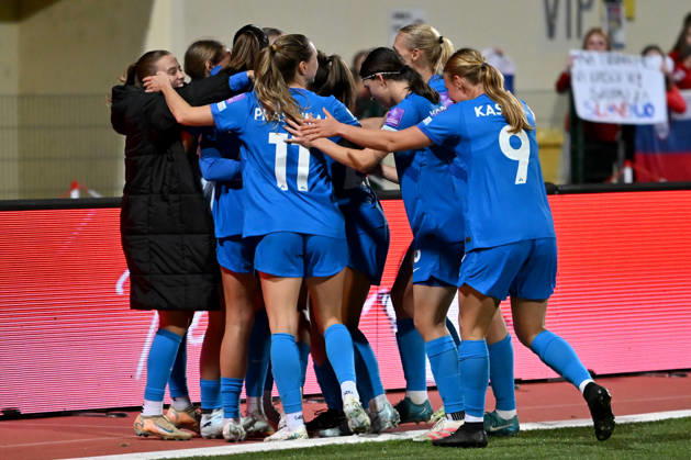 DOMZALE, SLOVENIA - OCTOBER 13: Maja Sternad of Slovenia (C) celebrate score during the UEFA Women’s European Qualifiers for 2027 World Cup Play-offs Round 1, 2nd leg match between Slovenia and Turkey at Sports Park Domzale, Domzale on October 13, 2026 in Domzale, Slovenia. (Photo by Igor Kupljenik Sports Press Photo). Copyright: xIgorxKupljenikx xSPPx Sportspressphoto_SPR254277