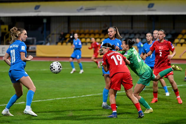 DOMZALE, SLOVENIA - OCTOBER 13: Lara Prasnikar of Slovenia (L) in action against Busem Seker of Turkey (C) during the UEFA Women’s European Qualifiers for 2027 World Cup Play-offs Round 1, 2nd leg match between Slovenia and Turkey at Sports Park Domzale, Domzale on October 13, 2026 in Domzale, Slovenia. (Photo by Igor Kupljenik Sports Press Photo). Copyright: xIgorxKupljenikx xSPPx Sportspressphoto_SPR254278