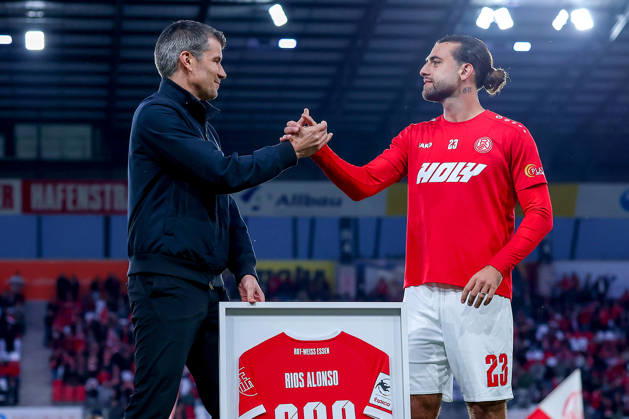October 13, 2026, Soccer, 3rd Division, Rot Weiss Essen vs. SC Fortuna Köln, Hafenstraße Stadium, Matchday 9, 2026–27 Season; Marcus Steegmann, Director of Professional Soccer at RWE (ms), at the ceremony honoring Jose Enrique Rios Alonso (RWE 23) before the game to mark Alonso’s 200th match. DFB regulations prohibit any use of photographs as image sequences and or quasi-video. North Rhine-Westphalia, Germany