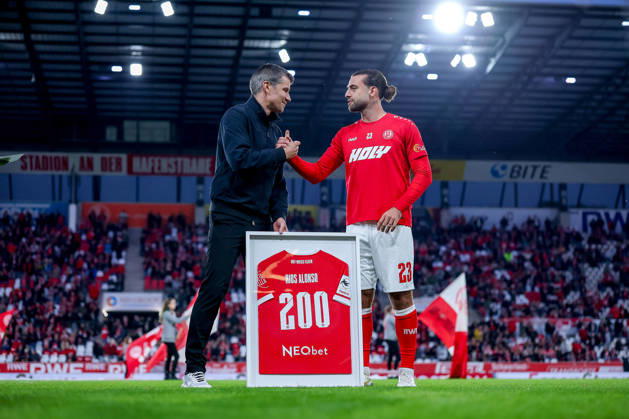 October 13, 2026, Soccer, 3rd Division, Rot Weiss Essen vs. SC Fortuna Köln, Hafenstraße Stadium, Matchday 9, 2026–27 Season; Marcus Steegmann, Director of Professional Soccer at RWE (ms), at the ceremony honoring Jose Enrique Rios Alonso (RWE 23) before the game to mark Alonso’s 200th match. DFB regulations prohibit any use of photographs as image sequences and or quasi-video. North Rhine-Westphalia, Germany