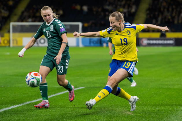 October 13, 2026: Loreta Rogaciova of Lithuania and Anna Anvegard of Sweden during the FIFA Women’s World Cup qualifying playoff soccer match between Sweden and Lithuania on October 13, 2026 in Stockholm. Photo by Jesper Zerman, BILDBYRÅN, code JZ JZ0769. soccer, football, soccer, World Cup qualifiers, FIFA Women’s World Cup qualifier, Sweden, Lithuania, women’s soccer, BBENG, Lithuania  Copyright: JESPERxZERMAN BB261013JZ029