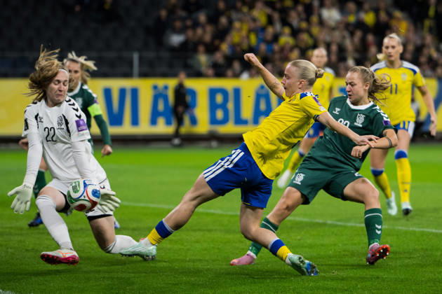 October 13, 2026: Goalkeepers Meda Seskute and Loreta Rogaciova of Lithuania and Anna Sandberg of Sweden during the FIFA Women’s World Cup qualifying playoff soccer match between Sweden and Lithuania on October 13, 2026 in Stockholm. Photo by Jesper Zerman, BILDBYRÅN, code JZ JZ0769. soccer, football, soccer, World Cup qualifiers, FIFA Women’s World Cup qualifier, qualifier, Sweden, Lithuania, women’s soccer, BBENG, Lithuania  Copyright: JESPERxZERMAN BB261013JZ030