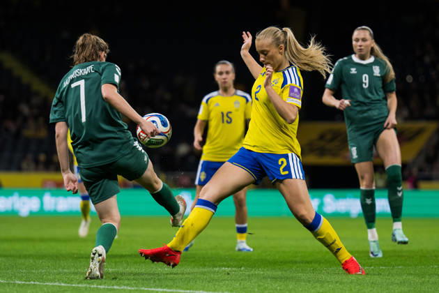 October 13, 2026: Ugne Lazdauskaite of Lithuania and Smilla Holmberg of Sweden during the FIFA Women’s World Cup qualifying playoff soccer match between Sweden and Lithuania on October 13, 2026 in Stockholm. Photo by Emma Wallskog, BILDBYRÅN, code EW JZ0769. soccer, football, soccer, World Cup qualifiers, FIFA Women’s World Cup qualifier, Sweden, Lithuania, women’s soccer, BBENG, Lithuania  Copyright: EMMAxWALLSKOG BB261013EW015