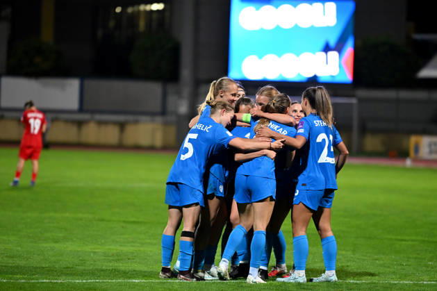 DOMZALE, SLOVENIA - OCTOBER 13: Mirjam Kastelec of Slovenia and Team Slovenia celebrate score during the UEFA Women’s European Qualifiers for 2027 World Cup Play-offs Round 1, 2nd leg match between Slovenia and Turkey at Sports Park Domzale, Domzale on October 13, 2026 in Domzale, Slovenia. (Photo by Igor Kupljenik Sports Press Photo). Copyright: xIgorxKupljenikx xSPPx Sportspressphoto_SPR254319