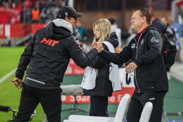 Soccer, 3rd Division, Matchday 9: Rot Weiss Essen vs. Fortuna Köln on October 13, 2026, at the Stadion an der Hafenstraße in Essen. Matthias Mink, head coach of Köln (left); Uwe Koschinat, head coach of Essen (right). DFB regulations prohibit any use of photographs as image sequences and or quasi-video. xJRx