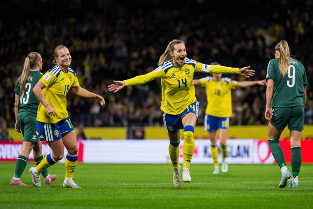 October 13, 2026: Anna Anvegard and Nathalie Björn of Sweden celebrate after scoring the 1-0 goal during the FIFA Women’s World Cup qualifying playoff soccer match between Sweden and Lithuania on October 13, 2026 in Stockholm. Photo by Emma Wallskog, BILDBYRÅN, code EW JZ0769. soccer, football, World Cup qualifier, FIFA Women’s World Cup qualifier, Sweden, Lithuania, women’s soccer, celebration  Copyright: EMMAxWALLSKOG BB261013EW020
