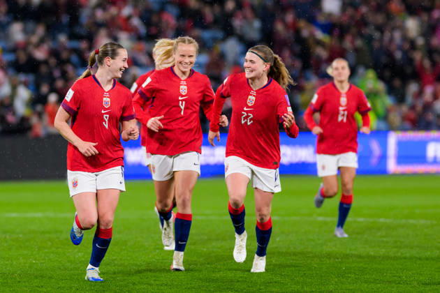 October 13, 2013: Elisabeth Terland, Julie Blakstad, and Signe Gaupset of Norway celebrate after scoring 4–0 during the FIFA Women’s World Cup qualifying soccer match between Norway and Romania on October 13, 2026 in Oslo. Photo by Marius Simensen, BILDBYRÅN COP 238 MM0076 bbeng women s soccer football soccer FIFA World Cup qualifiers World Cup qualifiers women s World Cup qualifiers international match Norway Romania celebration  Copyright: MARIUSxSIMENSEN BB261013BB615