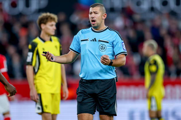October 13, 2026, Soccer, 3rd Division, Rot Weiss Essen vs. SC Fortuna Köln, Hafenstraße Stadium, Matchday 9, 2026–27 season. Referee Niclas Rose gesturing on the field. DFB regulations prohibit any use of photographs as image sequences and or quasi-video. North Rhine-Westphalia, Germany