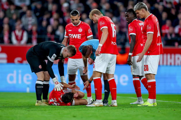 October 13, 2026, Soccer, 3rd Division, Rot Weiss Essen vs. SC Fortuna Köln, Hafenstraße Stadium, Matchday 9, 2026–27 Season. Semir Telalovic (RWE 17) requires medical attention due to an injury. DFB regulations prohibit any use of photographs as image sequences and or quasi-video. North Rhine-Westphalia, Germany