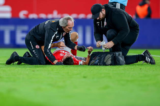 October 13, 2026, Soccer, 3rd Division, Rot Weiss Essen vs. SC Fortuna Köln, Hafenstraße Stadium, Matchday 9, 2026–27 Season. Semir Telalovic (RWE 17) requires medical attention due to an injury. DFB regulations prohibit any use of photographs as image sequences and or quasi-video. North Rhine-Westphalia, Germany