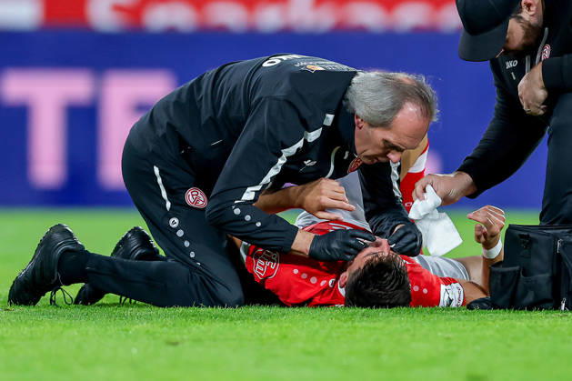 October 13, 2026, Soccer, 3rd Division, Rot Weiss Essen vs. SC Fortuna Köln, Hafenstraße Stadium, Matchday 9, 2026–27 Season. Semir Telalovic (RWE 17) requires medical attention due to an injury. DFB regulations prohibit any use of photographs as image sequences and or quasi-video. North Rhine-Westphalia, Germany