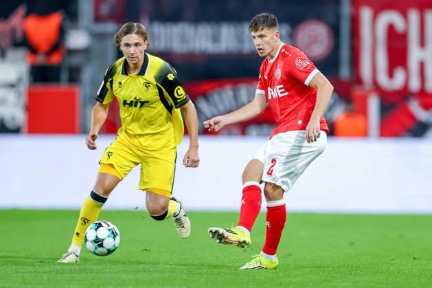 October 13, 2026, Soccer, 3rd Division, Rot Weiss Essen vs. SC Fortuna Köln, Hafenstraße Stadium, Matchday 9, 2026–27 Season: Seymour Fünger (SC Fortuna Köln 05) in a tackle against xe02. DFB regulations prohibit any use of photographs as image sequences and or quasi-video. North Rhine-Westphalia, Germany