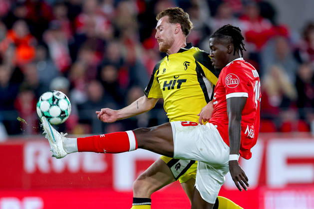 October 13, 2026, Soccer, 3rd Division, Rot Weiss Essen vs. SC Fortuna Köln, Hafenstraße Stadium, Matchday 9, 2026–27 Season: Franci Bouebari (RWE 19) in a tackle against Jannik Mause (SC Fortuna Köln 37). DFB regulations prohibit any use of photographs as image sequences and or quasi-video. North Rhine-Westphalia, Germany