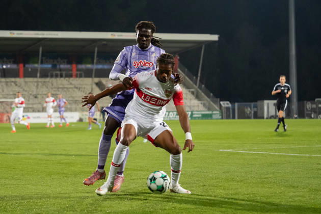 October 13, 2026, xjyhynx, Soccer 3rd Division, VfB Stuttgart U23 vs. TSG Hoffenheim II, from left: Jykese Fields 11, TSG Hoffenheim II vs. Joyeux Masanka Bungi 24, VfB Stuttgart II vs. Aspach