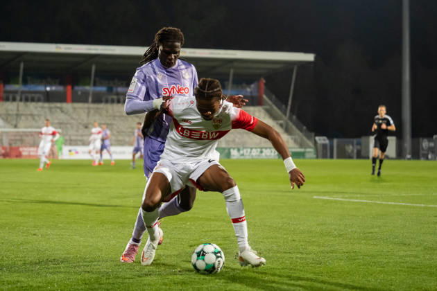 October 13, 2026, xjyhynx, Soccer 3rd Division, VfB Stuttgart U23 vs. TSG Hoffenheim II, from left: Jykese Fields 11, TSG Hoffenheim II vs. Joyeux Masanka Bungi 24, VfB Stuttgart II vs. Aspach