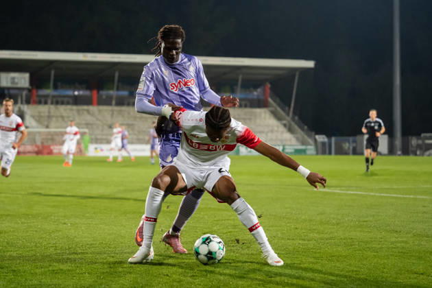 October 13, 2026, xjyhynx, Soccer 3rd Division, VfB Stuttgart U23 vs. TSG Hoffenheim II, from left: Jykese Fields 11, TSG Hoffenheim II vs. Joyeux Masanka Bungi 24, VfB Stuttgart II vs. Aspach