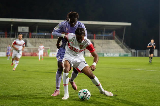 October 13, 2026, xjyhynx, Soccer 3rd Division, VfB Stuttgart U23 vs. TSG Hoffenheim II, from left: Jykese Fields 11, TSG Hoffenheim II vs. Joyeux Masanka Bungi 24, VfB Stuttgart II vs. Aspach