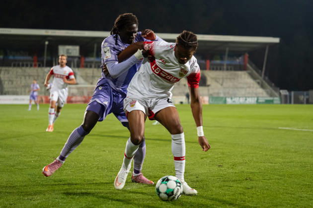 October 13, 2026, xjyhynx, Soccer 3rd Division, VfB Stuttgart U23 vs. TSG Hoffenheim II, from left: Jykese Fields 11, TSG Hoffenheim II vs. Joyeux Masanka Bungi 24, VfB Stuttgart II vs. Aspach